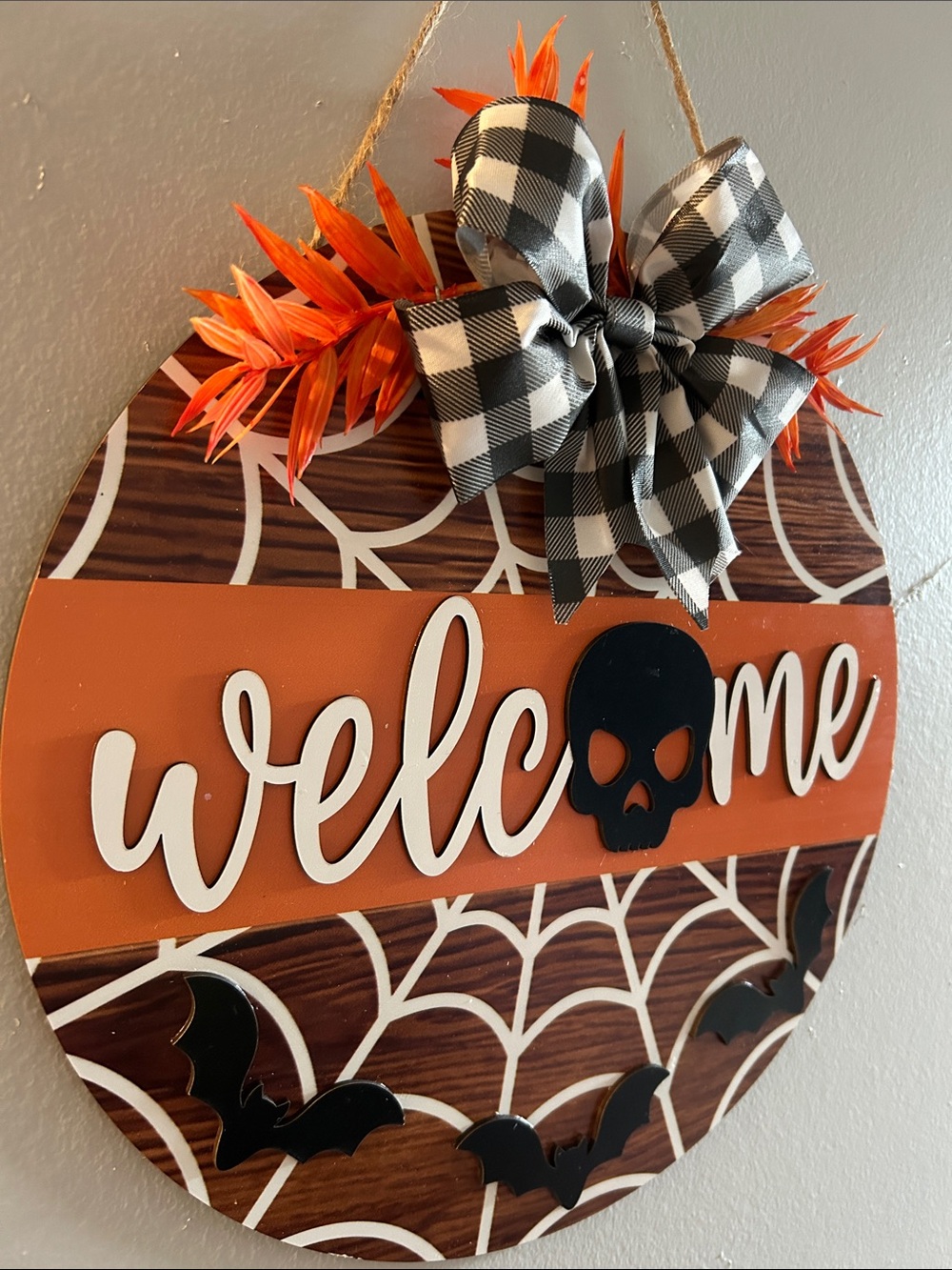 Halloween Orange 'Welcome' Round Wooden Wall Sign with Black Skull Accent - Picture 6 of 10